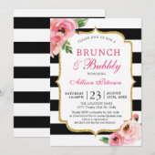 Black Stripes Roze Bloemen Brunch en Bubbly Kaart (Voorkant / Achterkant)