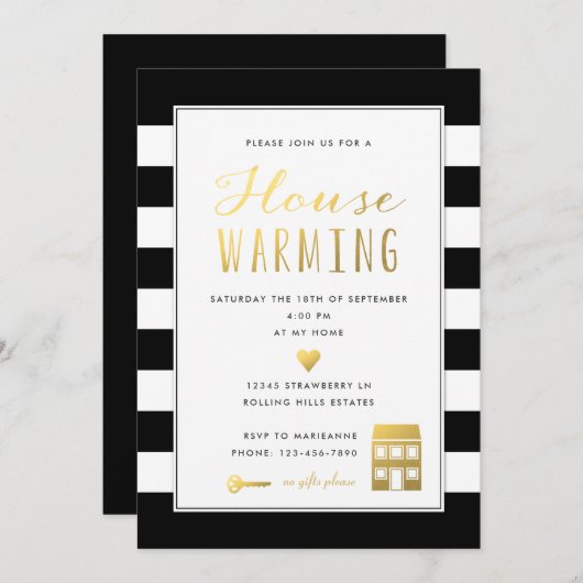 Black Stripes Single Housewarming Party Kaart (Voorkant / Achterkant)