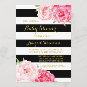 Black Stripes Waterverf Flowers Baby shower Kaart