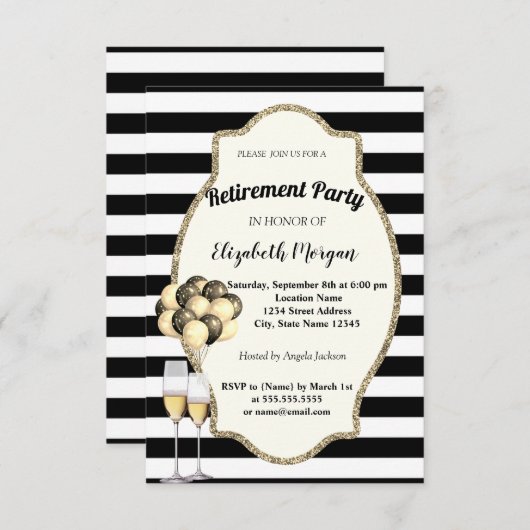 Black Stripes Wine Glas, Ballons, Pensioenpartij Kaart (Voorkant / Achterkant)