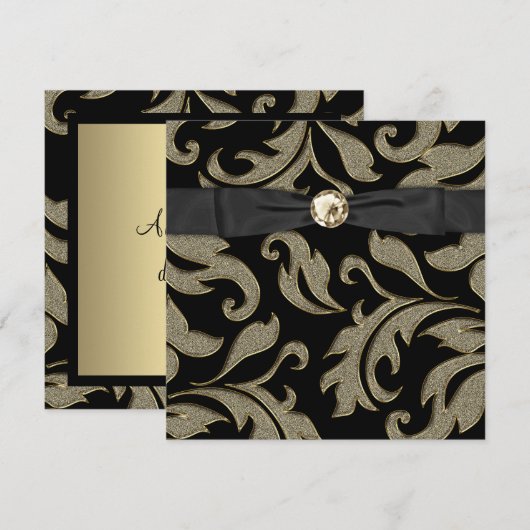 Black Stropdas Black Gold Damask Party Invitation Kaart (Voorkant / Achterkant)