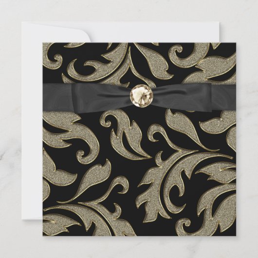 Black Stropdas Black Gold Damask Party Invitation Kaart (Voorkant)