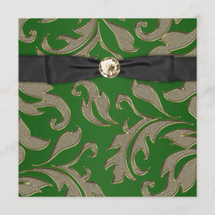 Black Stropdas Black Gold Green Damask Party Invit Kaart