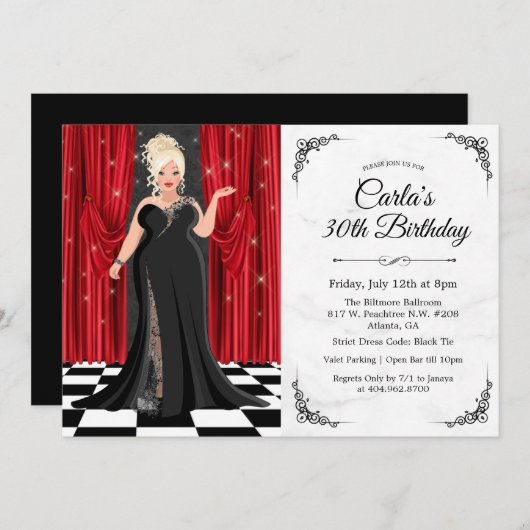 Black Stropdas Elegant Gown Birthday Invitation Kaart (Voorkant / Achterkant)