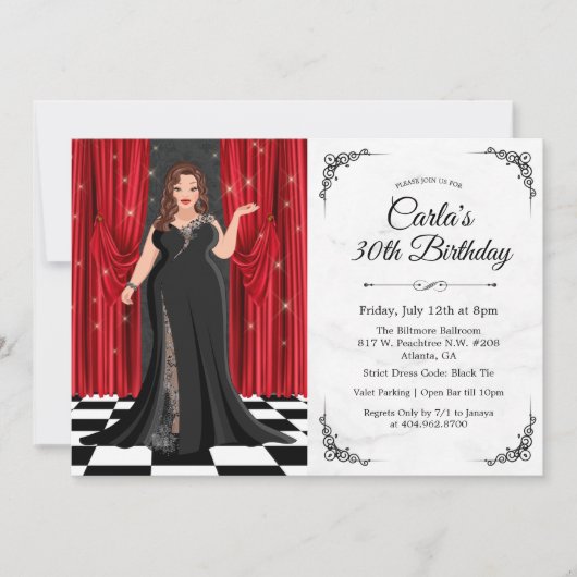 Black Stropdas Elegant Gown Birthday Invitation Kaart (Voorkant)