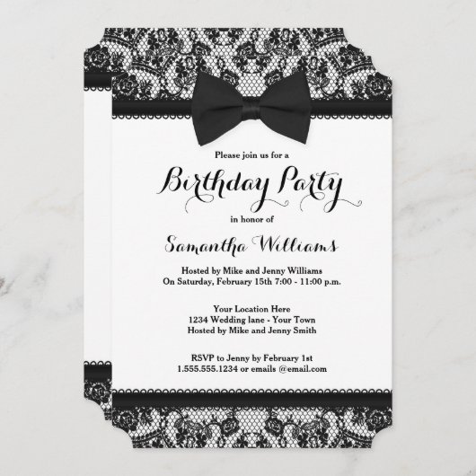 Black Stropdas Lace en Bow Birthday Party Kaart (Voorkant / Achterkant)