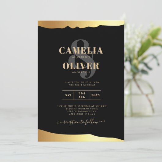 Black Stropdas Wedding Gold Foil Script Elegant Ev Kaart (Staand voorkant)