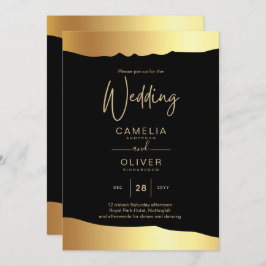 Black Stropdas Wedding Gold Foil Script Elegant Ev Kaart