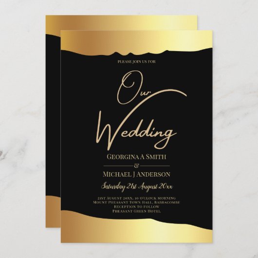 Black Stropdas Wedding Gold Foil Script Elegant Ev Kaart (Voorkant / Achterkant)