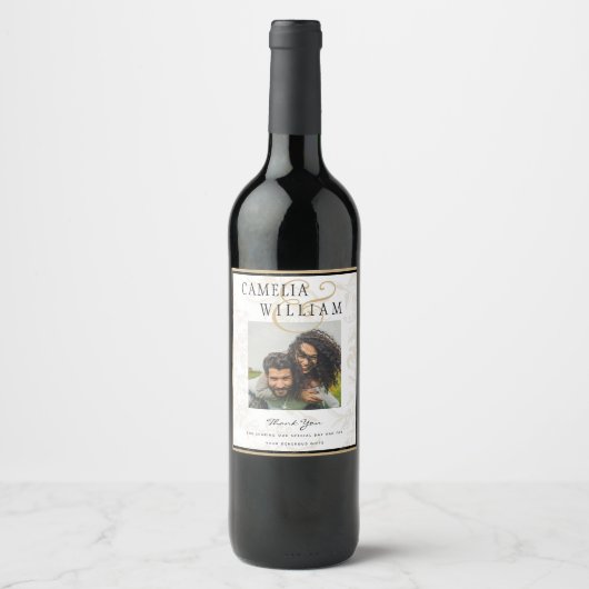 Black Stropdas Wedding Theme  Gold Damask Wijn Etiket (Voorkant)