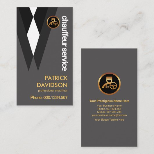 Black Suit Elegance Chauffeur-driver Lapel Pin Visitekaartje (Voorkant / Achterkant)