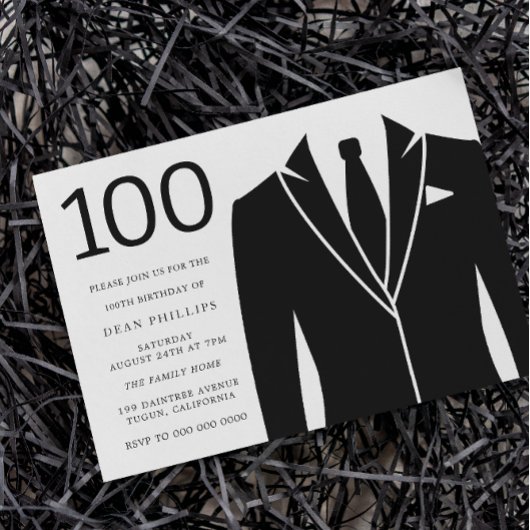 Black Suit & Stropdas 100th Birthday Party Invitat Kaart