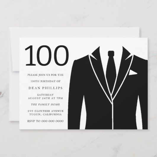 Black Suit & Stropdas 100th Birthday Party Invitat Kaart (Voorkant)