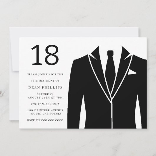 Black Suit & Stropdas 18th Birthday Party Invitati Kaart (Voorkant)