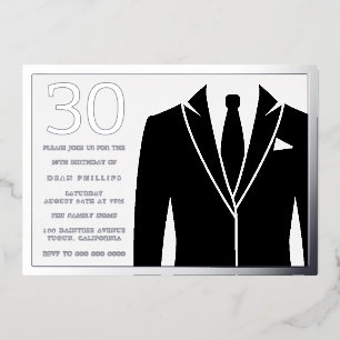 Black Suit & Stropdas 30th Birthday Party Silver Folie Uitnodiging