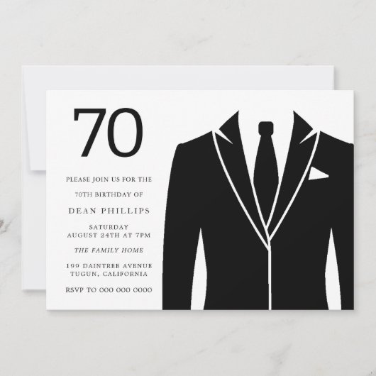 Black Suit & Stropdas 70th Birthday Party Invitati Kaart (Voorkant)