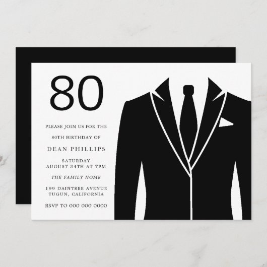 Black Suit & Stropdas 80th Birthday Party Invitati Kaart (Voorkant / Achterkant)