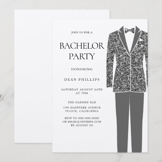 Black Suit & Stropdas Bachelor Party Invitation Kaart (Voorkant / Achterkant)