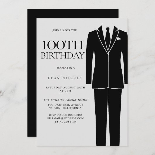 Black Suit & Stropdas Mannen 100th Birthday Party Kaart (Voorkant / Achterkant)
