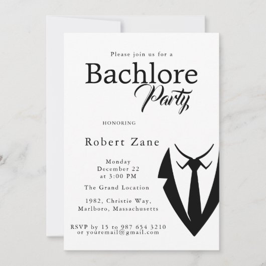 Black Suit & Tie Men's Bachelor Party Invitation Kaart (Voorkant)