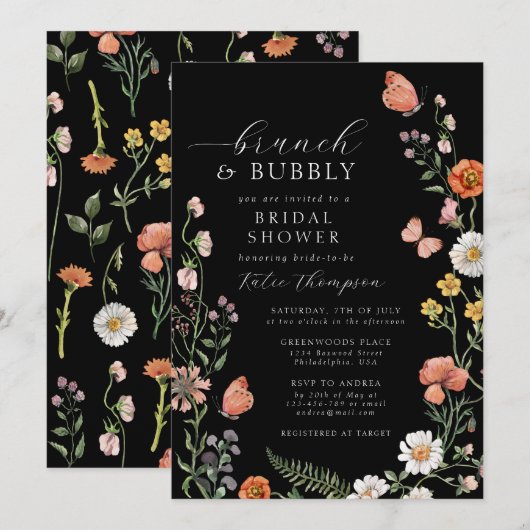 Black Summer Boho Wildflower Brunch Vrijgezellenfe Kaart (Voorkant / Achterkant)