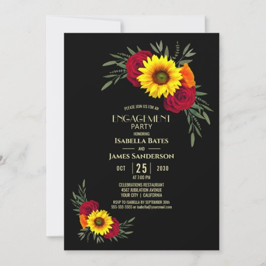 Black Sunflower Burgundy Roos Engagement Party Kaart (Voorkant)