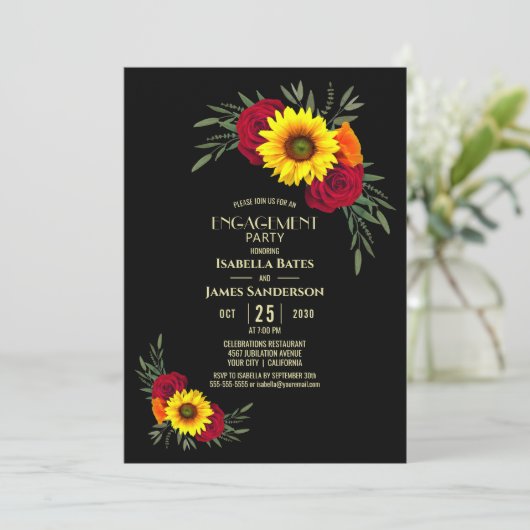 Black Sunflower Burgundy Roos Engagement Party Kaart (Staand voorkant)