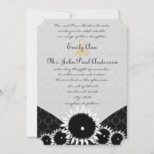 Black Sunflower Damask Wedding Invitting Kaart (Achterkant)