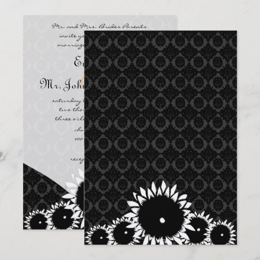 Black Sunflower Damask Wedding Invitting Kaart (Voorkant / Achterkant)