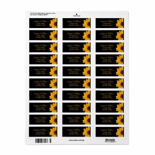 Black Sunflower Wedding Return Address Labels (Full Sheet)