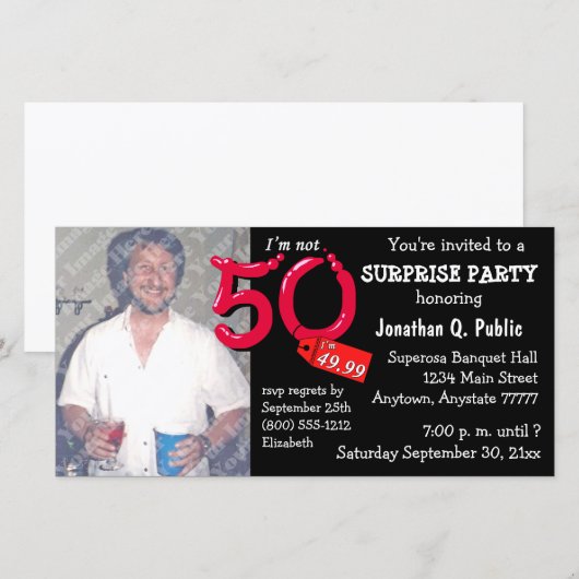 Black Surprise 50th Birthday Party Photo Invite (Voorkant / Achterkant)