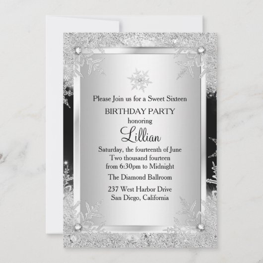 Black Sweet 16 Diamond Snowflake Winter Wonderland Kaart (Achterkant)