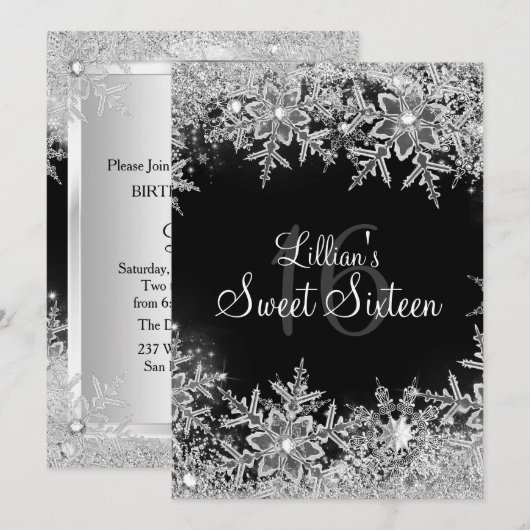 Black Sweet 16 Diamond Snowflake Winter Wonderland Kaart (Voorkant / Achterkant)