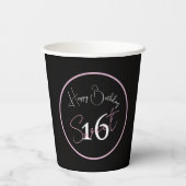 Black Sweet 16 Pink & White Script Paper cup Papieren Bekers (Achterkant)