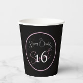 Black Sweet 16 Pink & White Script Paper cup Papieren Bekers (Voorkant)