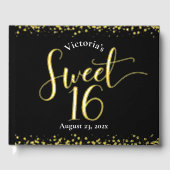 Black Sweet 16 Verjaardag Keepsake Echt Gouden Fol Gastenboek (Voorkant)