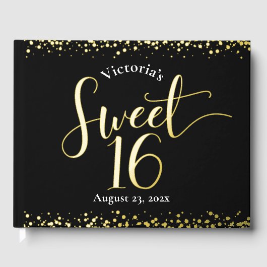 Black Sweet 16 Verjaardag Keepsake Echt Gouden Fol Gastenboek (Voorkant)