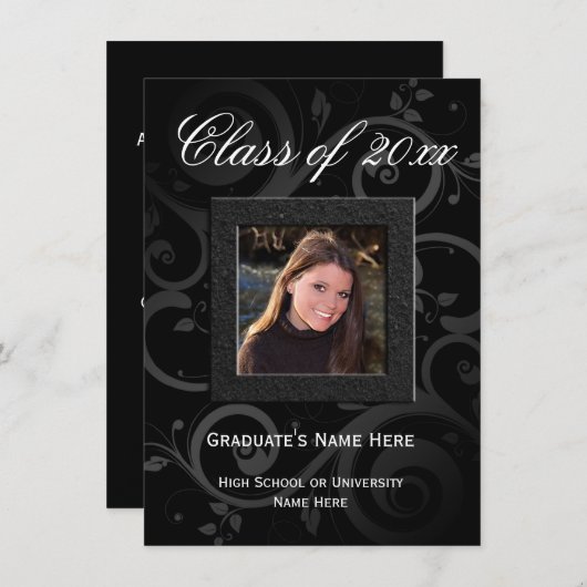 Black Swirl Elegant Photo Afstuderen Kaart (Voorkant / Achterkant)