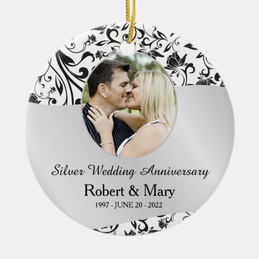 Black Swirl en Silver 25th Wedding Jubileum Keramisch Ornament (Voorkant)