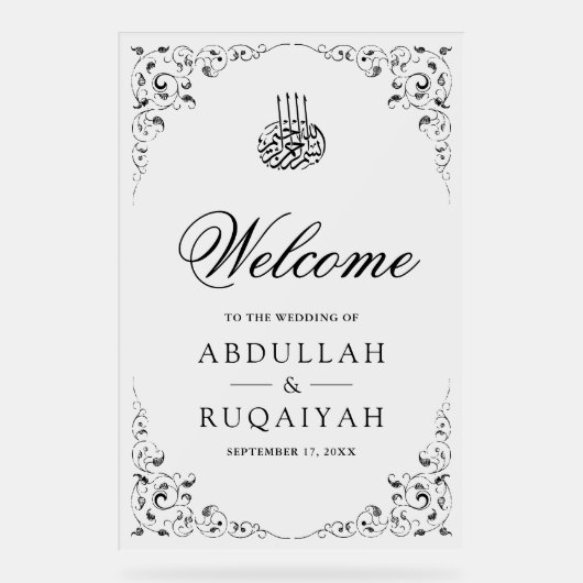 Black Swirl Frame Muslim Wedding Welcome Frosted Acryl Bord (Voorkant)