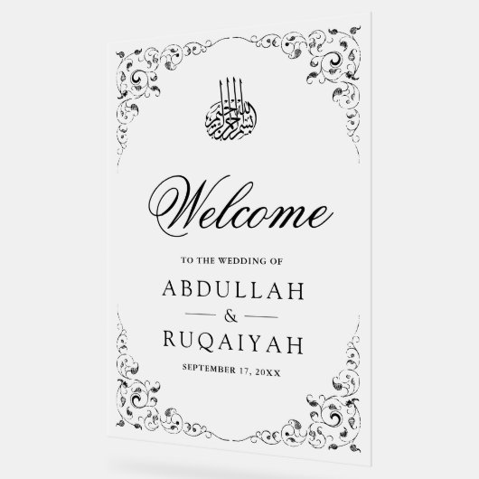 Black Swirl Frame Muslim Wedding Welcome Frosted Acryl Bord (Hoek)