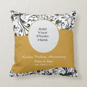 Black Swirl & Gold 50th Wedding Jubileum Foto Kussen
