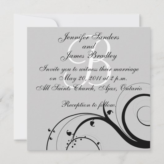 Black Swirl Monogram B Gray Wedding Invitations Kaart (Achterkant)
