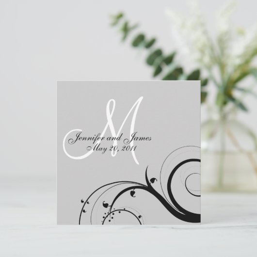 Black Swirl Monogram Gray Weddenschap Kaart (Staand voorkant)