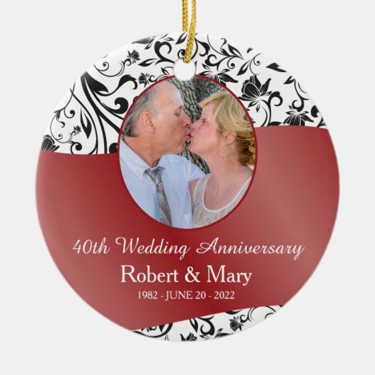 Black Swirl & Red 40th Wedding Jubileum Foto Keramisch Ornament (Voorkant)