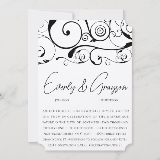 Black Swirl Wedding Invitations Kaart (Voorkant)