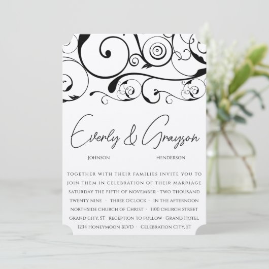 Black Swirl Wedding Invitations Kaart (Staand voorkant)