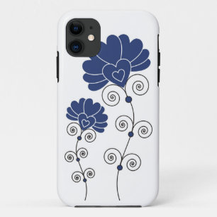 Black Swirls Blue Flowers Pattern - White iPhone 11 Hoesje
