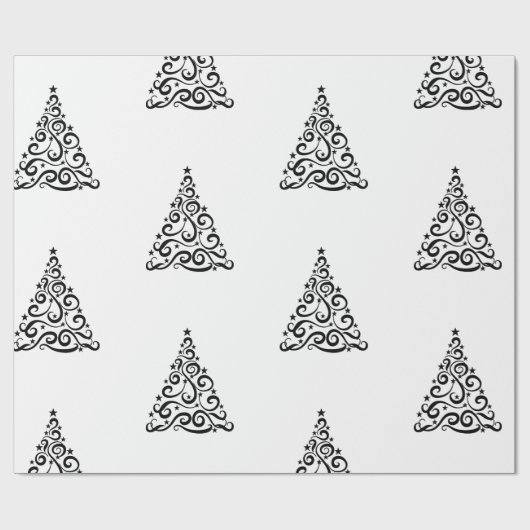 Black Swirls Christmas Trees on White Cadeaupapier (Vlak)