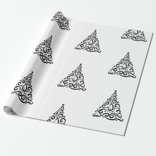 Black Swirls Christmas Trees on White Cadeaupapier (Uitgerold)